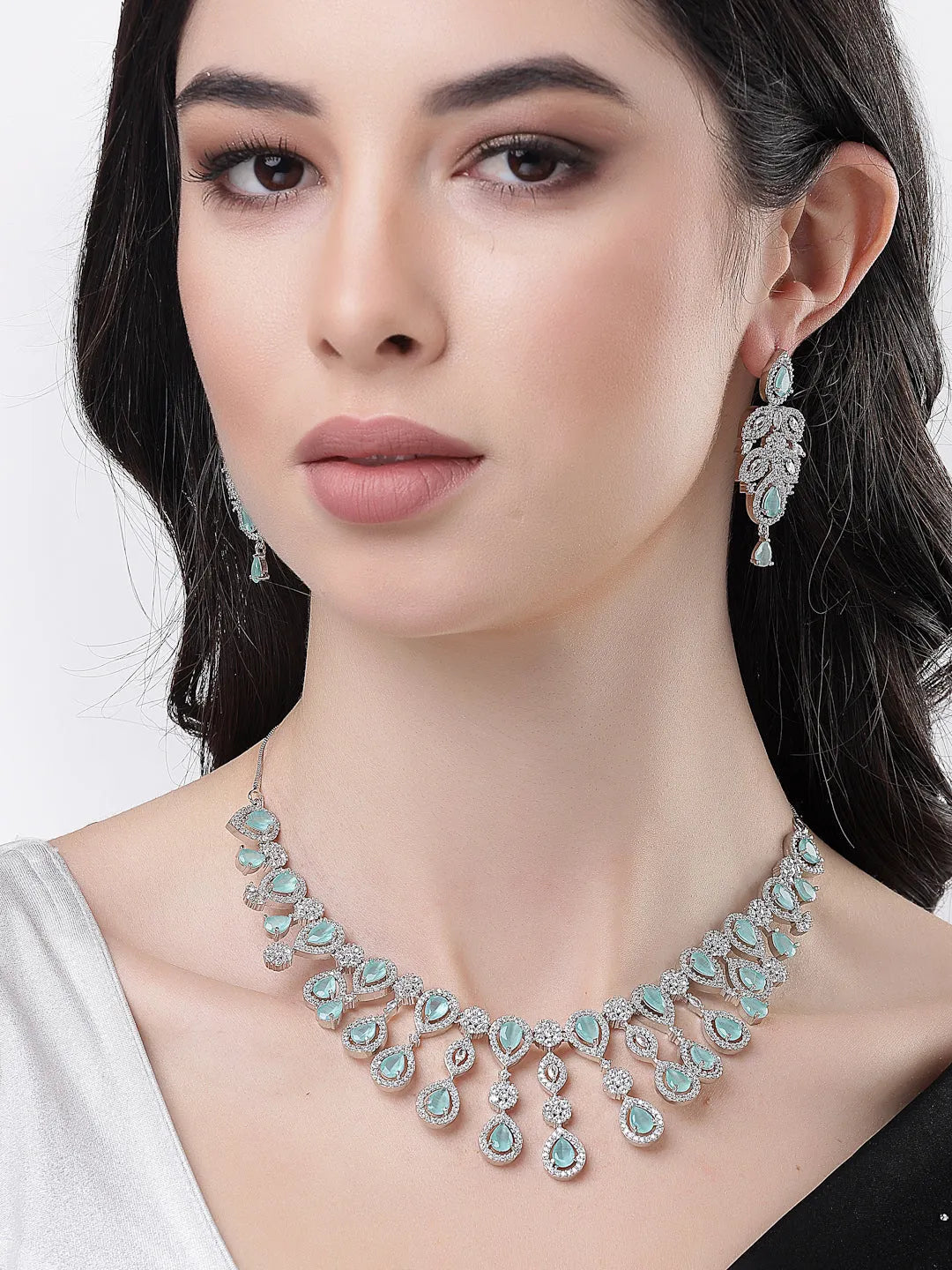 silver plated &amp; Turquoise CZ stone handcrafted jewellery set