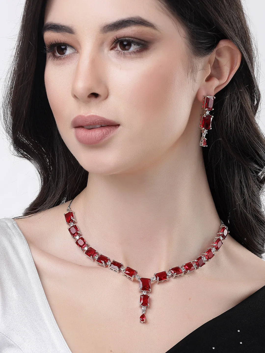 silver plated &amp; Maroon CZ stone handcrafted jewellery set