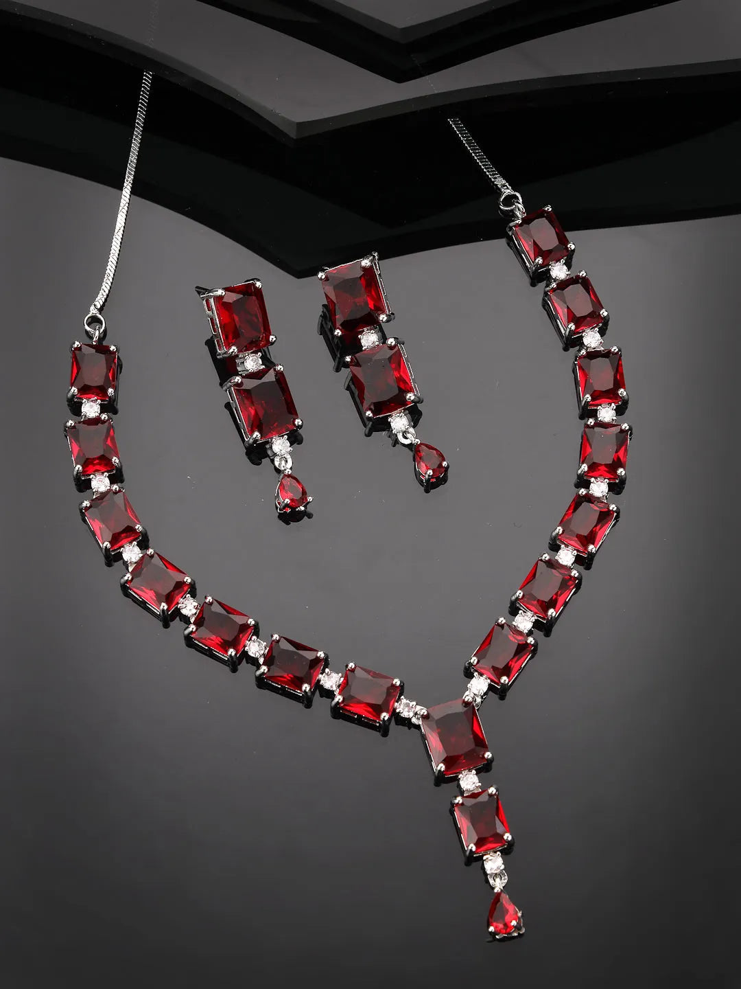 silver plated &amp; Maroon CZ stone handcrafted jewellery set