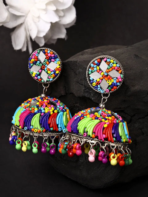 Multi Color Artificial Beads Brass-Plated Dome Shaped Jhumka Earrings