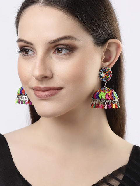 Multi Color Artificial Beads Brass-Plated Dome Shaped Jhumka Earrings