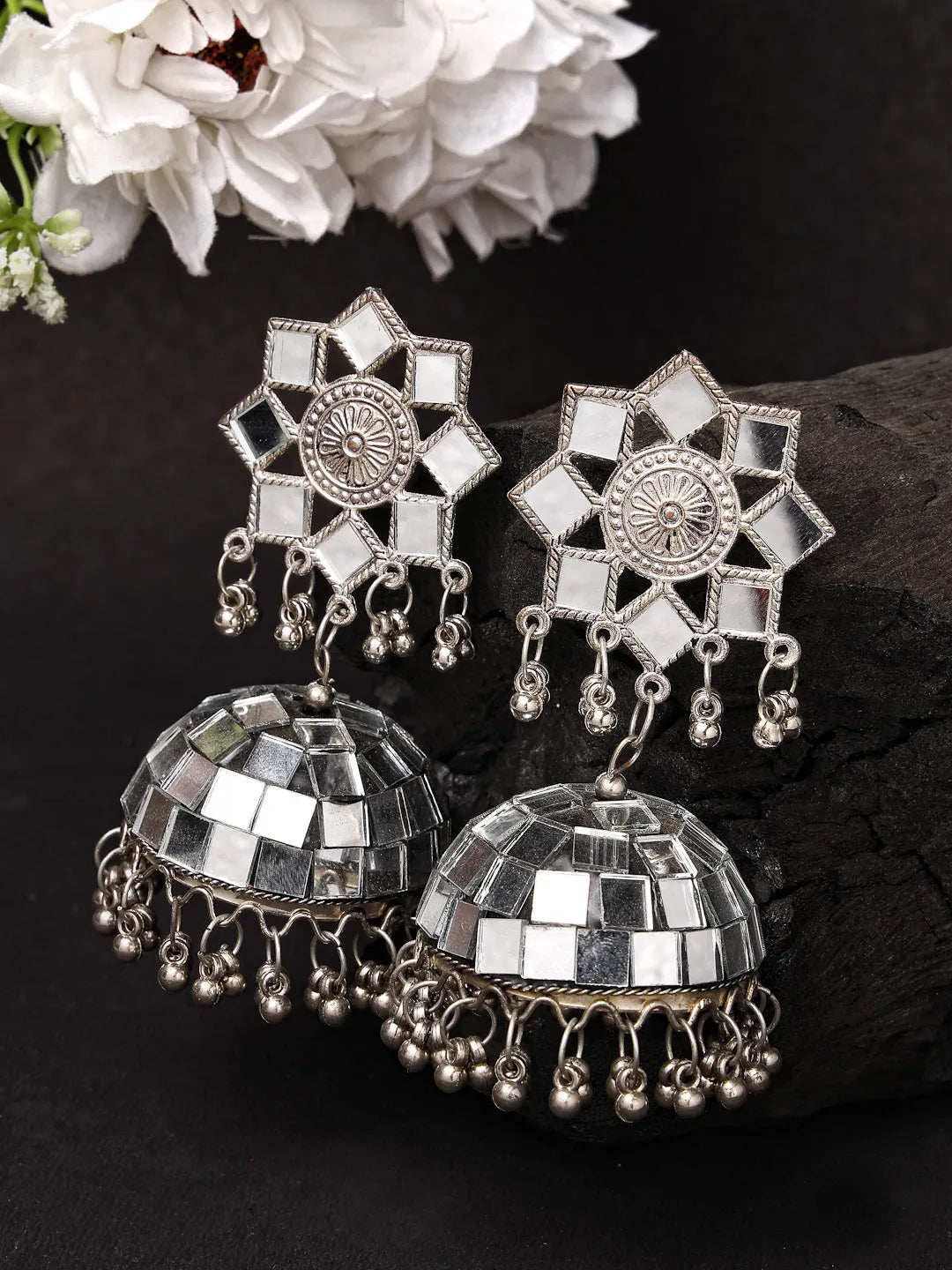 Silver Mirror Oxidised Brass-Plated Dome Shaped Jhumka Earrings