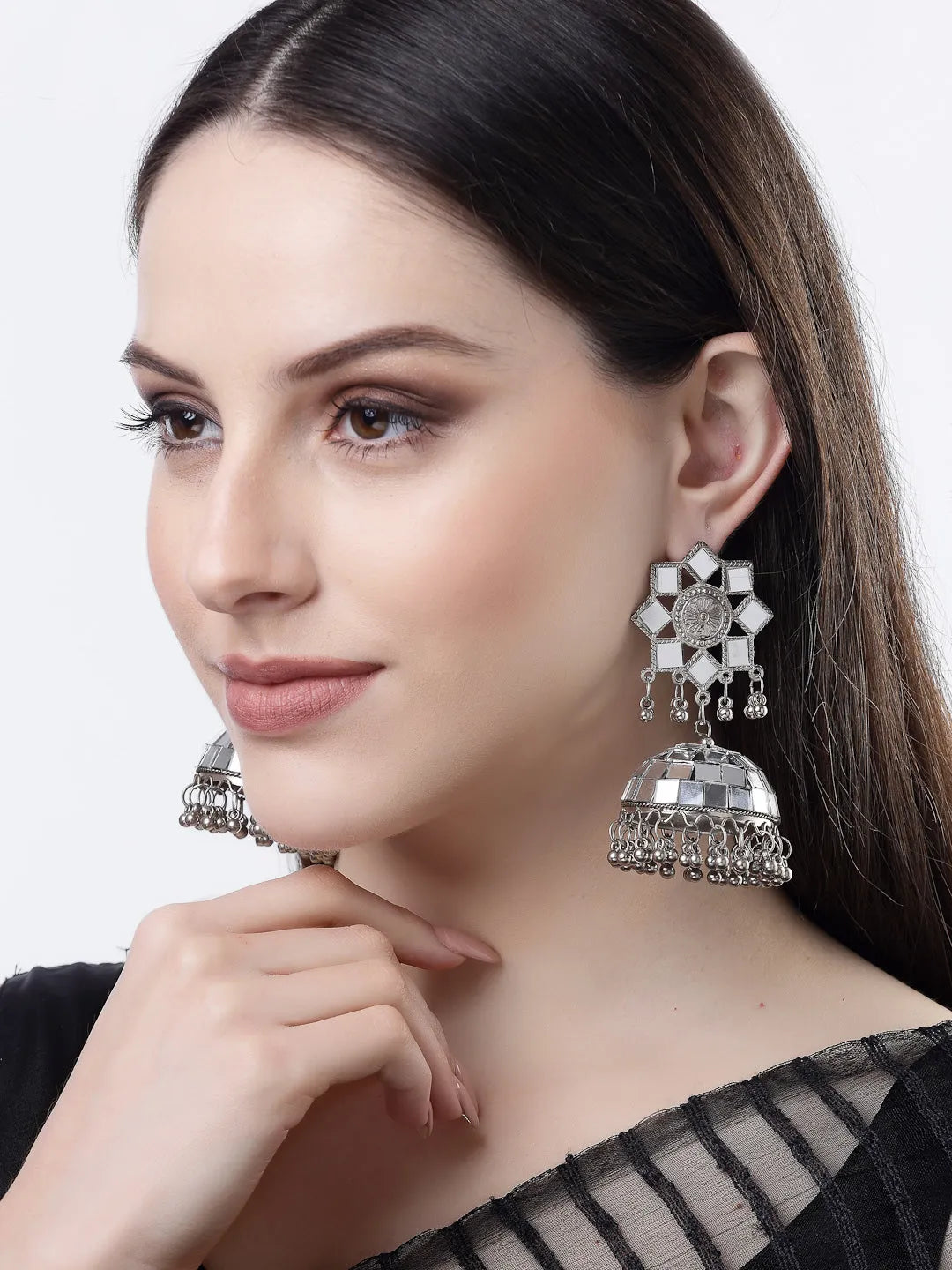 Silver Mirror Oxidised Brass-Plated Dome Shaped Jhumka Earrings