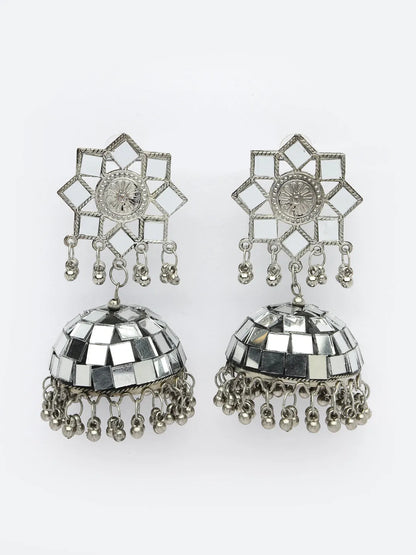 Silver Mirror Oxidised Brass-Plated Dome Shaped Jhumka Earrings