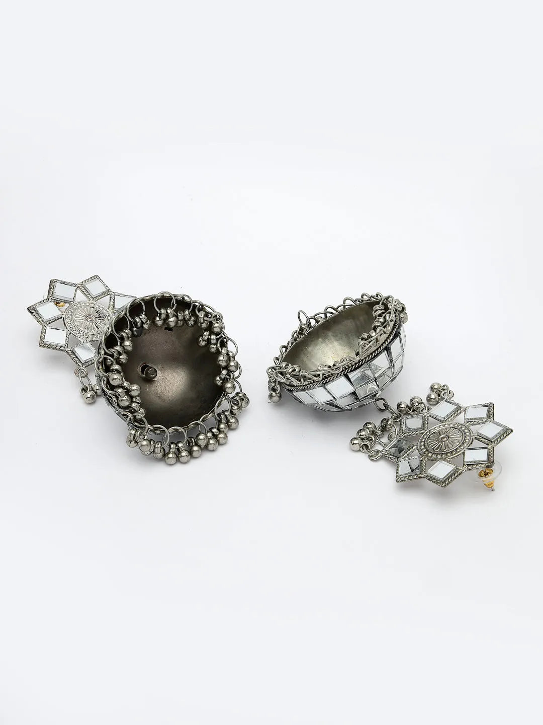 Silver Mirror Oxidised Brass-Plated Dome Shaped Jhumka Earrings