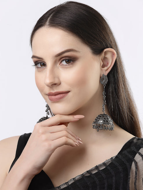 Women Black Oxidised Brass-Plated Dome Shaped Jhumka Earrings