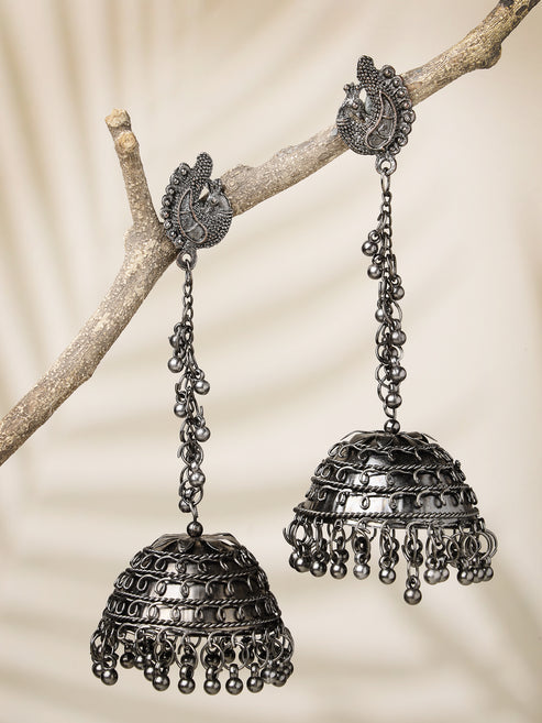 Women Black Oxidised Brass-Plated Dome Shaped Jhumka Earrings