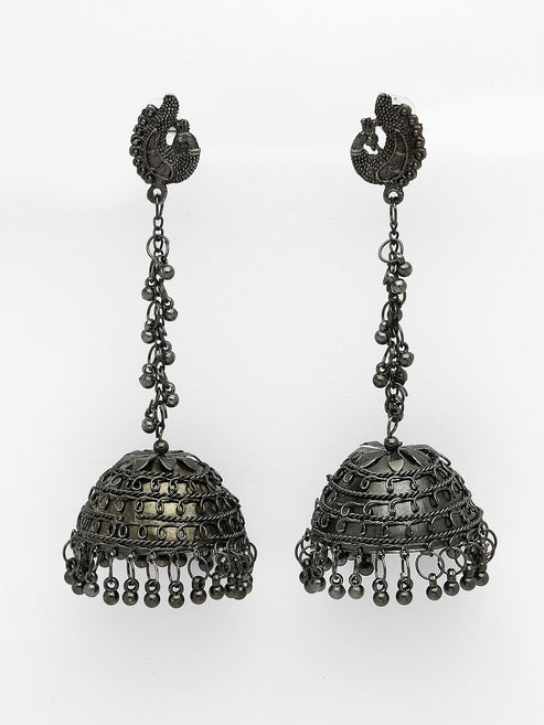 Women Black Oxidised Brass-Plated Dome Shaped Jhumka Earrings