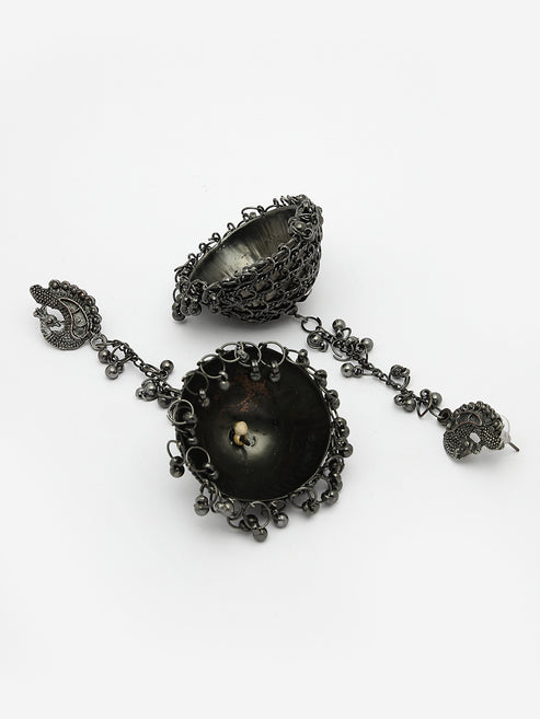 Women Black Oxidised Brass-Plated Dome Shaped Jhumka Earrings