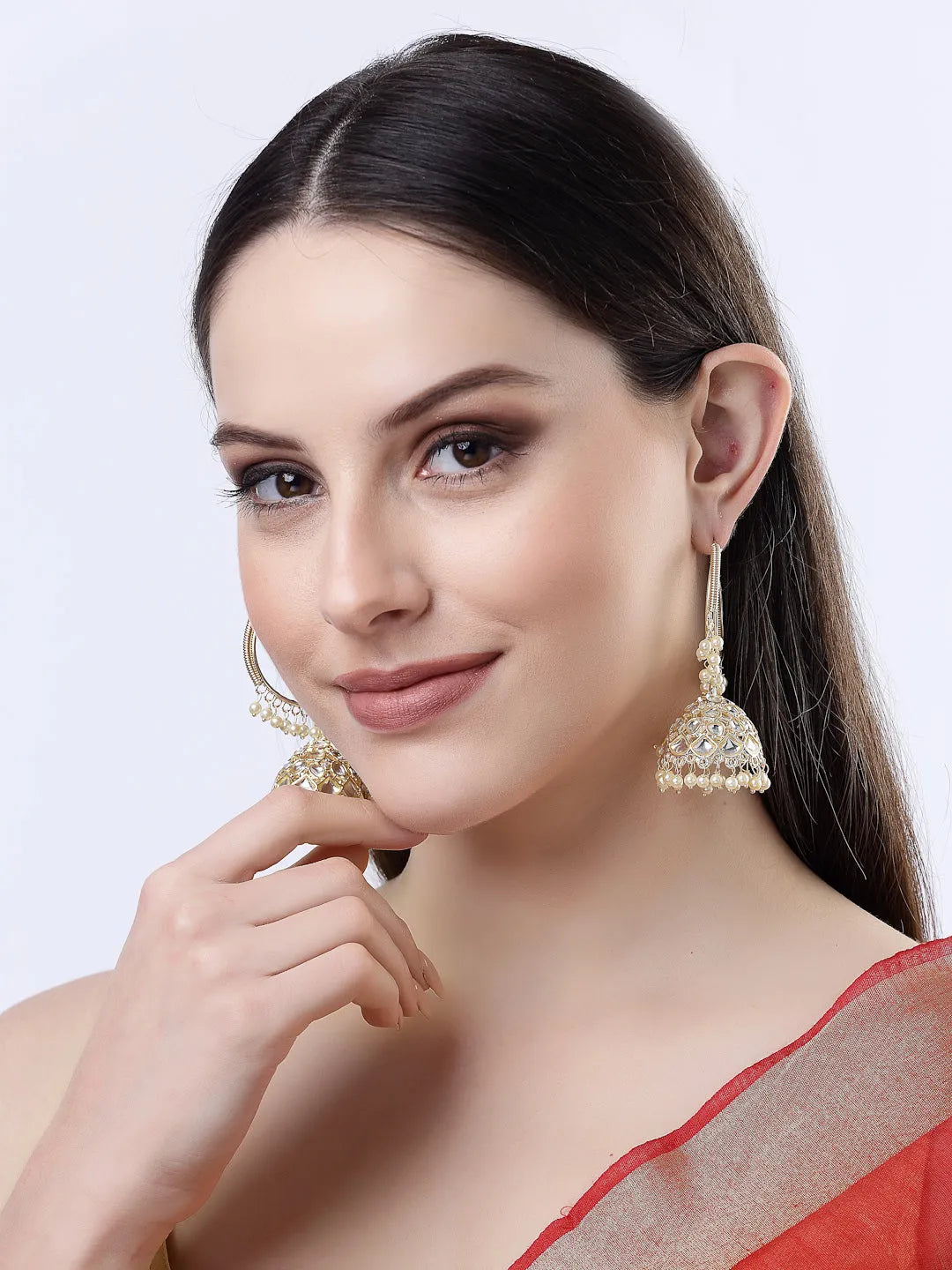 Gold-Plated Handcrafted Kundan Dome Shaped Jhumka Earrings