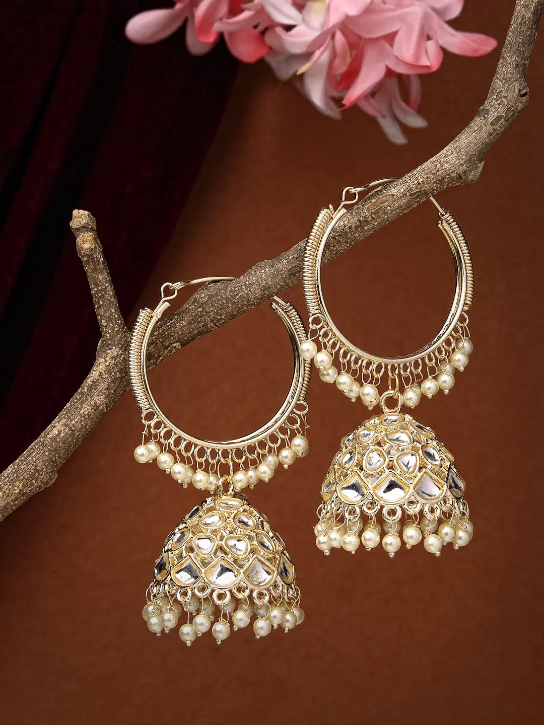 Gold-Plated Handcrafted Kundan Dome Shaped Jhumka Earrings