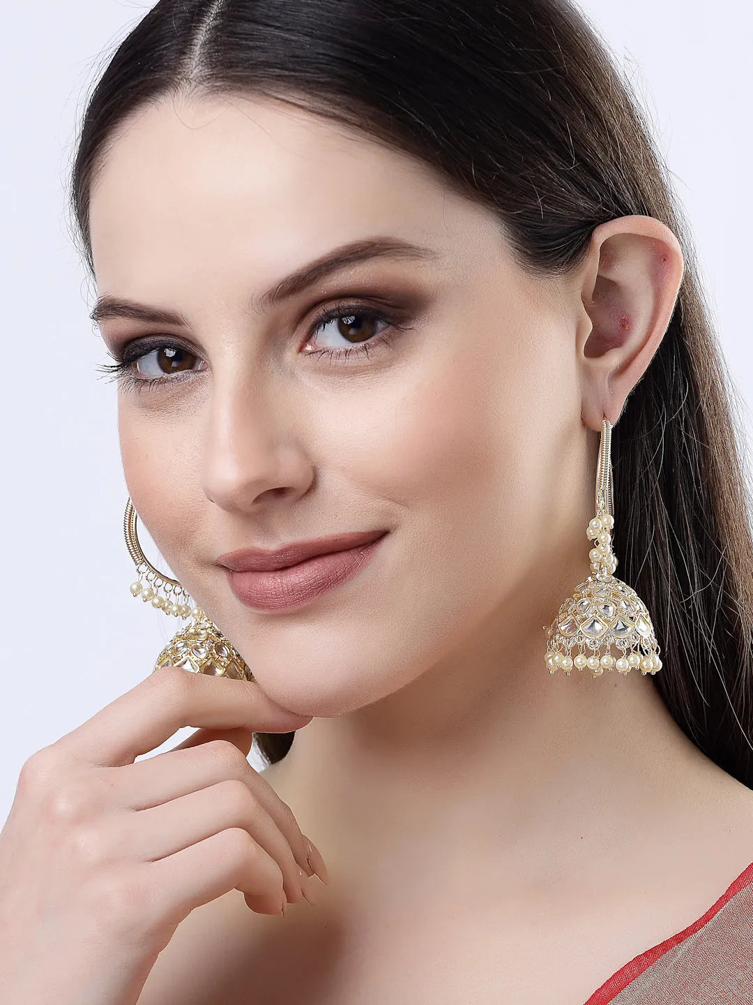 Gold-Plated Handcrafted Kundan Dome Shaped Jhumka Earrings