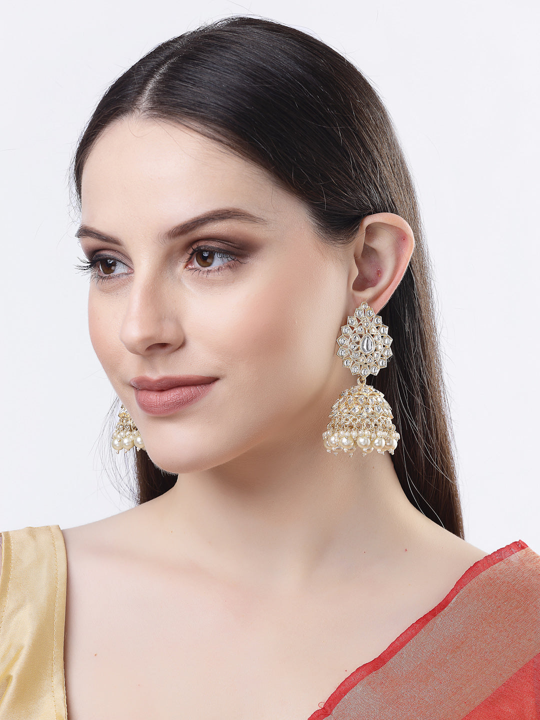 Gold-Plated Handcrafted Kundan Dome Shaped Jhumka Earrings