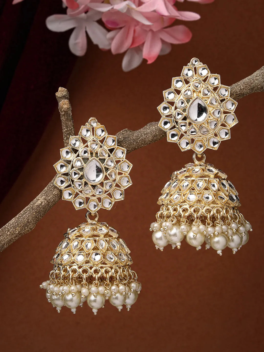 Gold-Plated Handcrafted Kundan Dome Shaped Jhumka Earrings