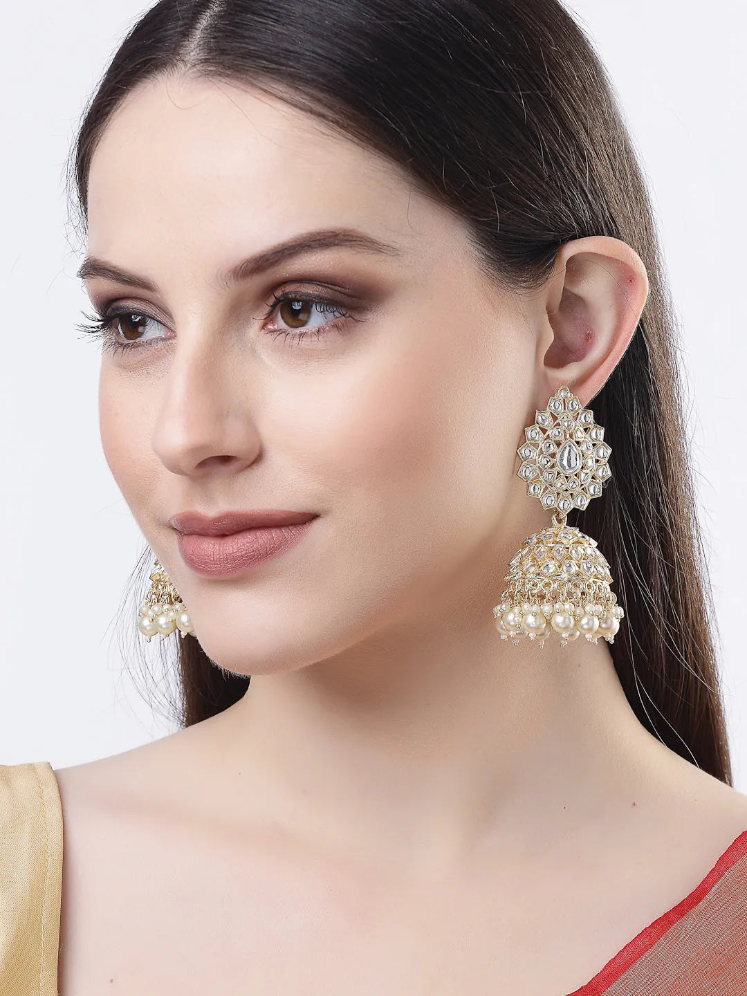 Gold-Plated Handcrafted Kundan Dome Shaped Jhumka Earrings