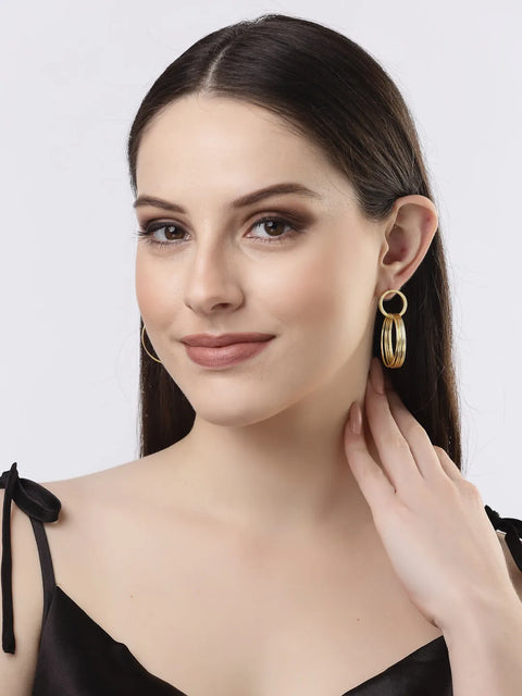 Golden Linked Round Circle Attached Drop Earrings