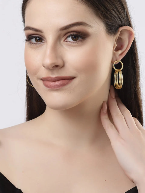 Golden Linked Round Circle Attached Drop Earrings