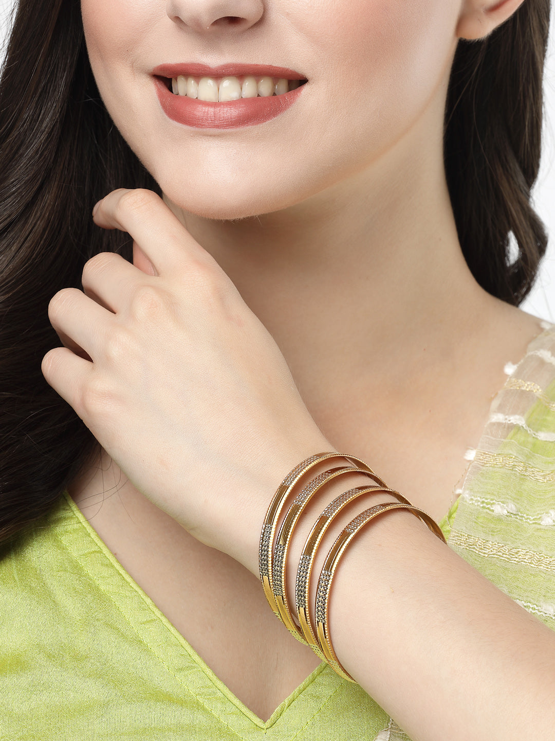 Set of 4 Gold-Plated CZ-Studded Traditional Bangles