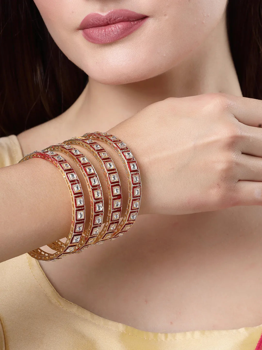 Set Of 4 Gold-Plated Red Kundan-Studded Traditional Bangles