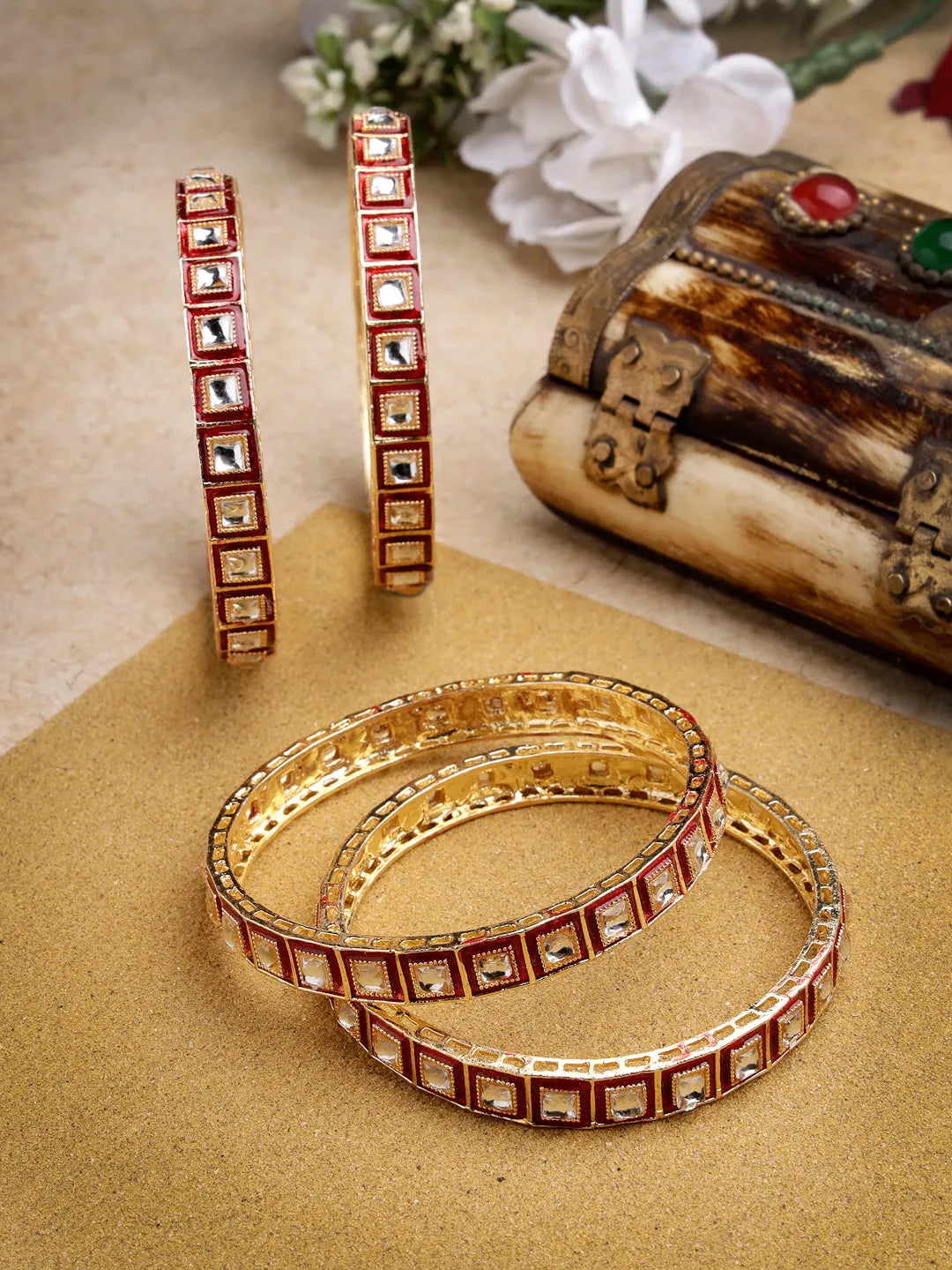 Set Of 4 Gold-Plated Red Kundan-Studded Traditional Bangles