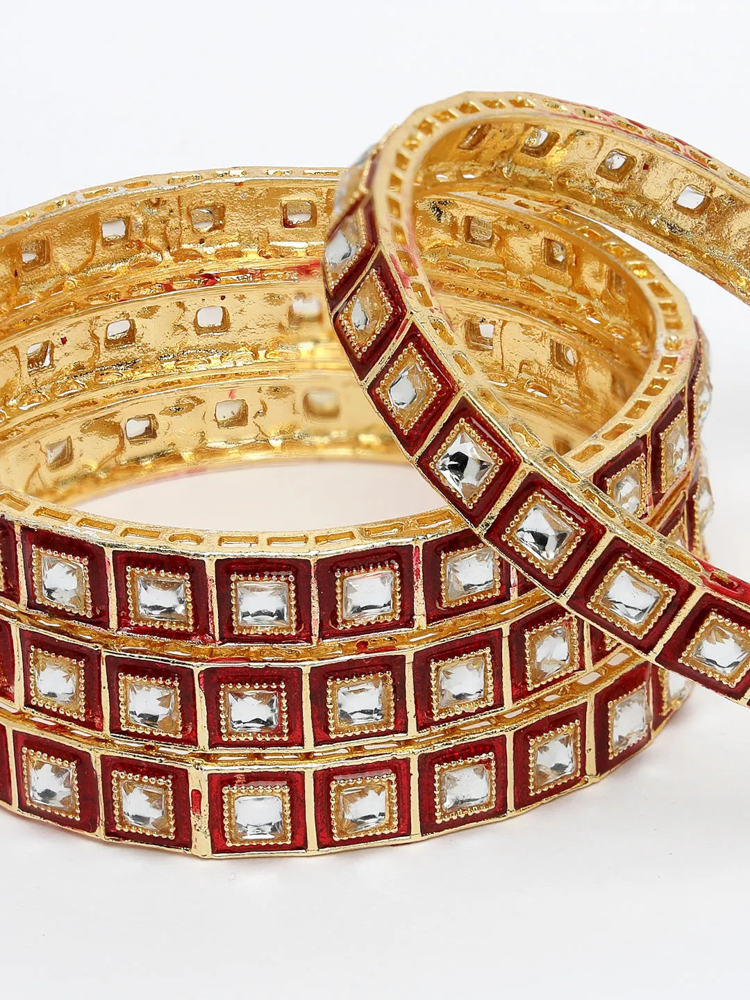 Set Of 4 Gold-Plated Red Kundan-Studded Traditional Bangles