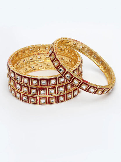 Set Of 4 Gold-Plated Red Kundan-Studded Traditional Bangles