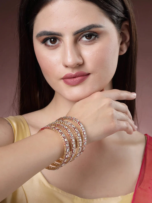 Set Of 4 Gold-Plated Red Kundan-Studded Traditional Bangles