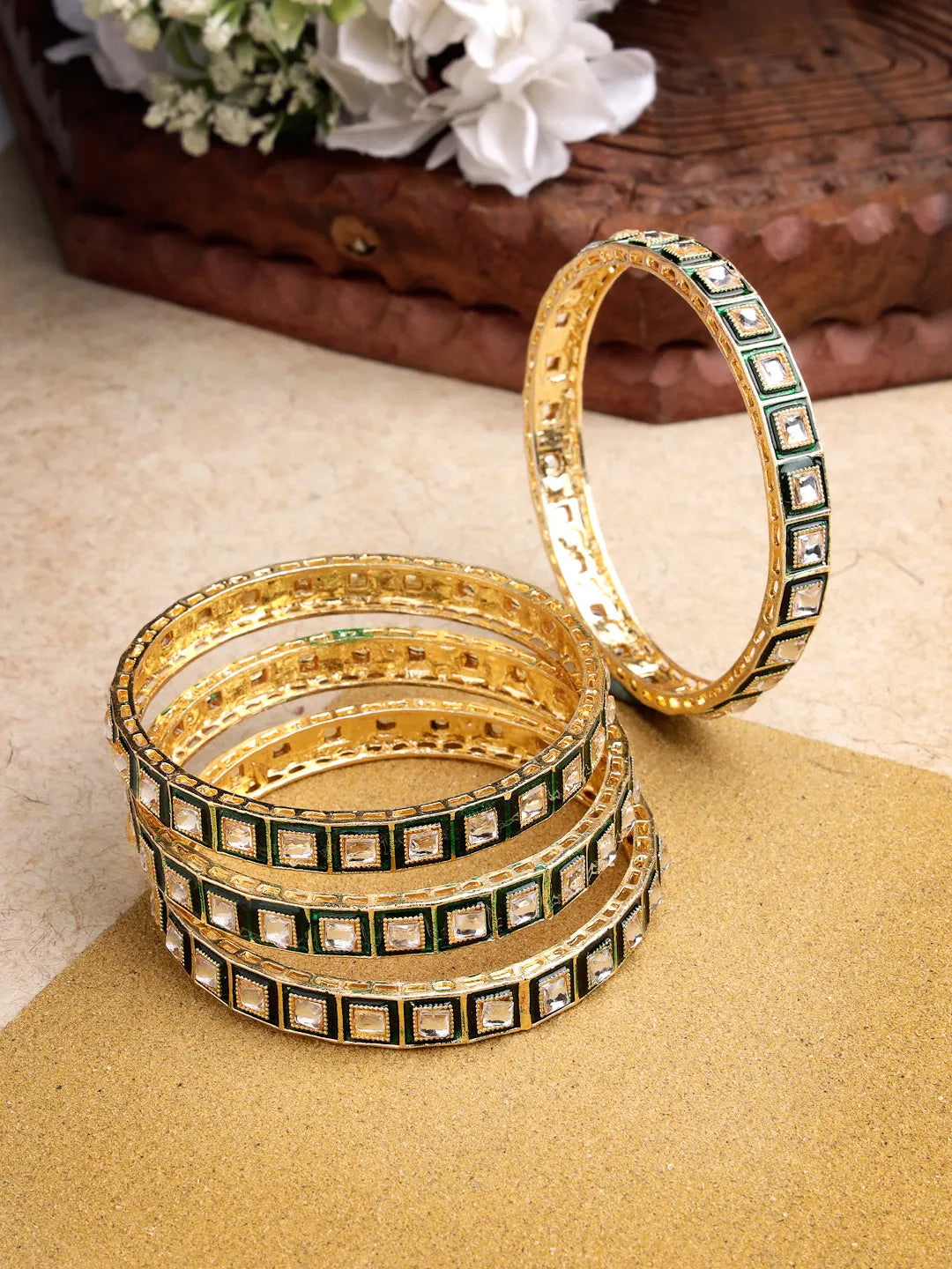 Set Of 4 Gold-Plated Green Kundan-Studded Traditional Bangles