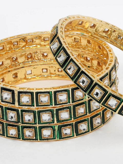 Set Of 4 Gold-Plated Green Kundan-Studded Traditional Bangles