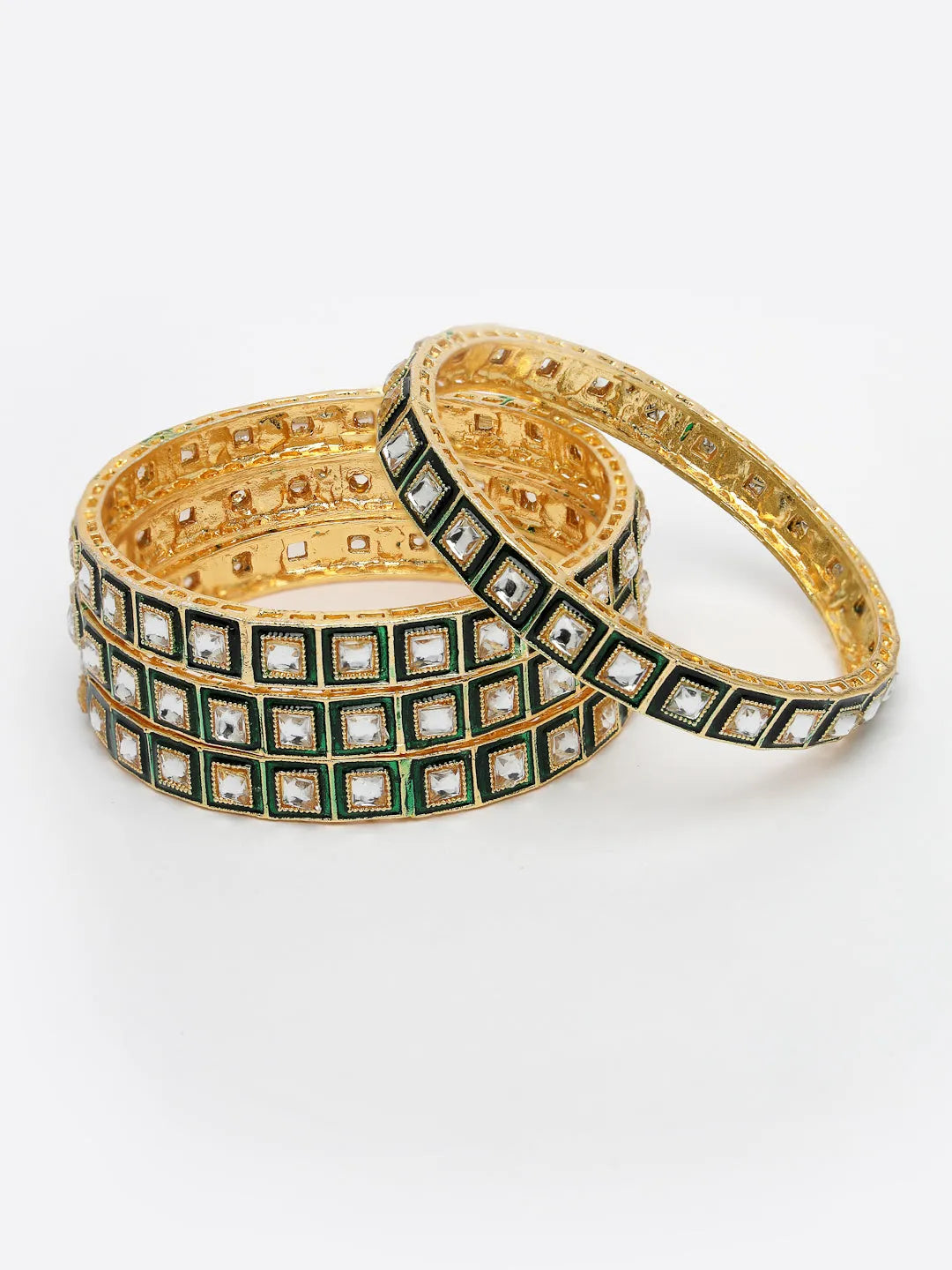 Set Of 4 Gold-Plated Green Kundan-Studded Traditional Bangles