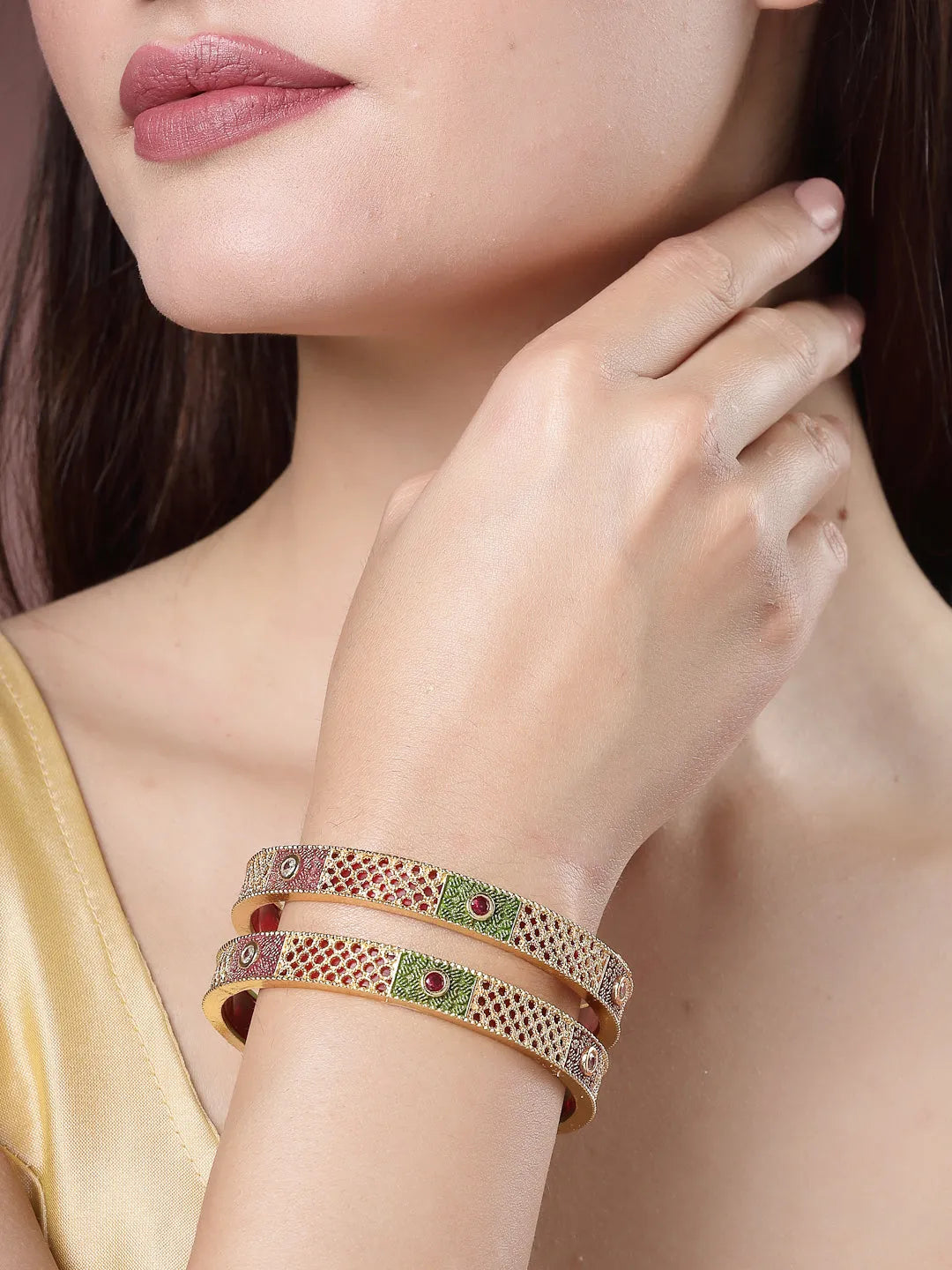 Set Of 2 Gold-Plated Red Kundan Traditional Bangles