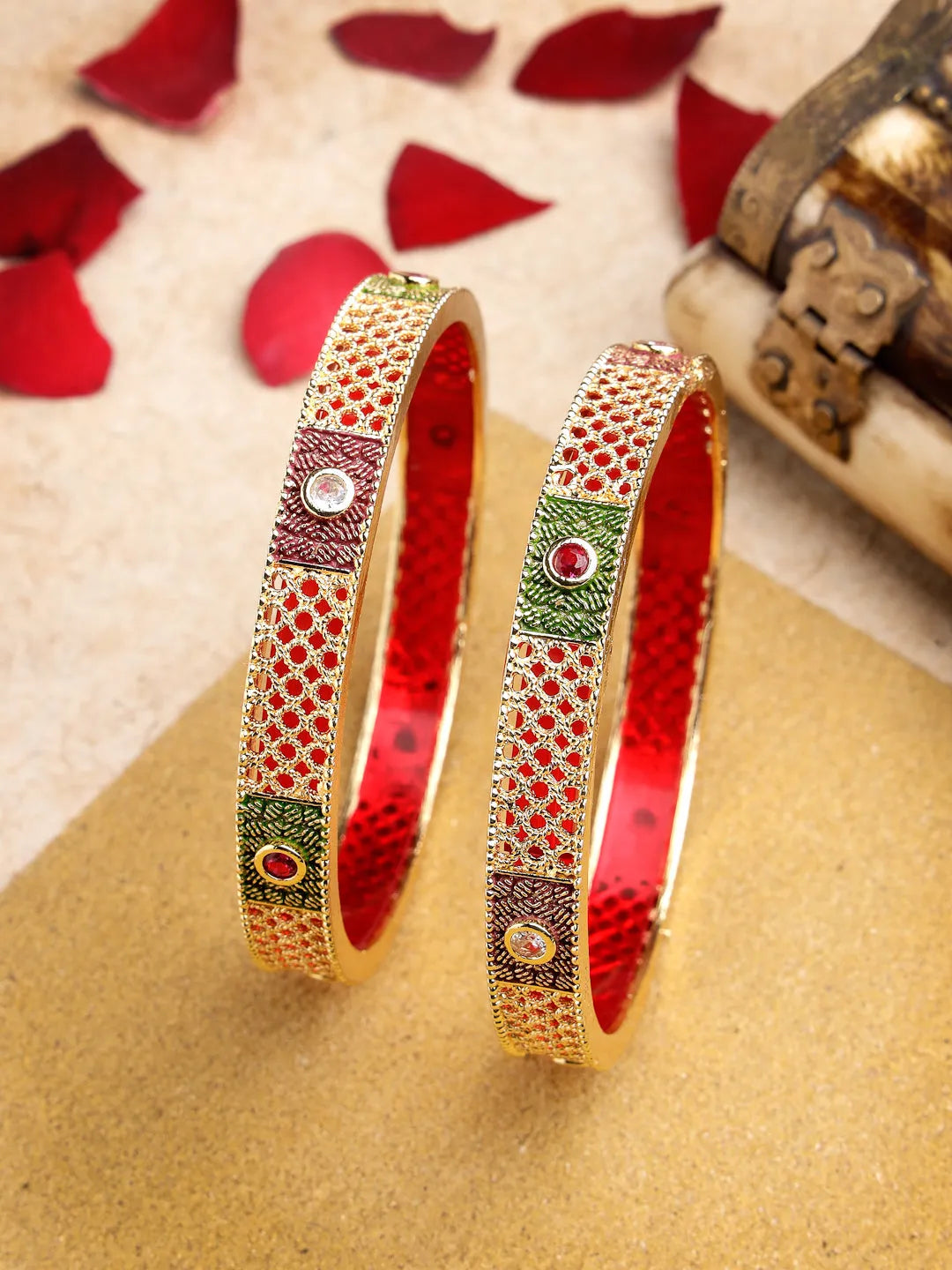 Set Of 2 Gold-Plated Red Kundan Traditional Bangles