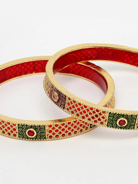 Set Of 2 Gold-Plated Red Kundan Traditional Bangles