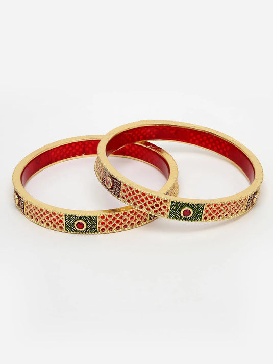 Set Of 2 Gold-Plated Red Kundan Traditional Bangles