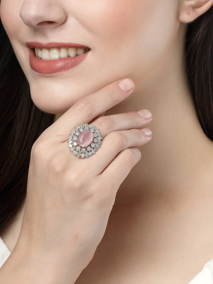 Pink &amp; Silver CZ-Studded Handcrafted Adjustable Finger Ring