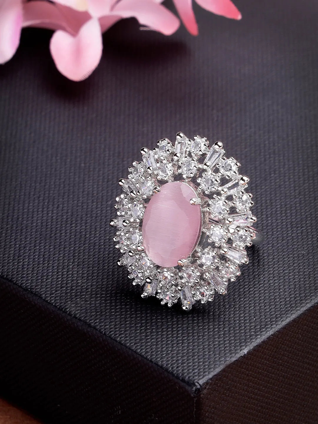 Pink &amp; Silver CZ-Studded Handcrafted Adjustable Finger Ring