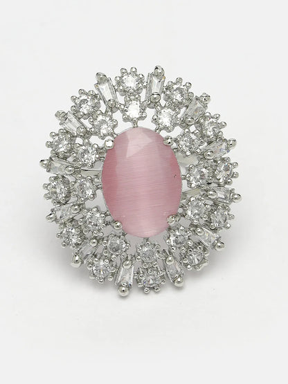 Pink &amp; Silver CZ-Studded Handcrafted Adjustable Finger Ring