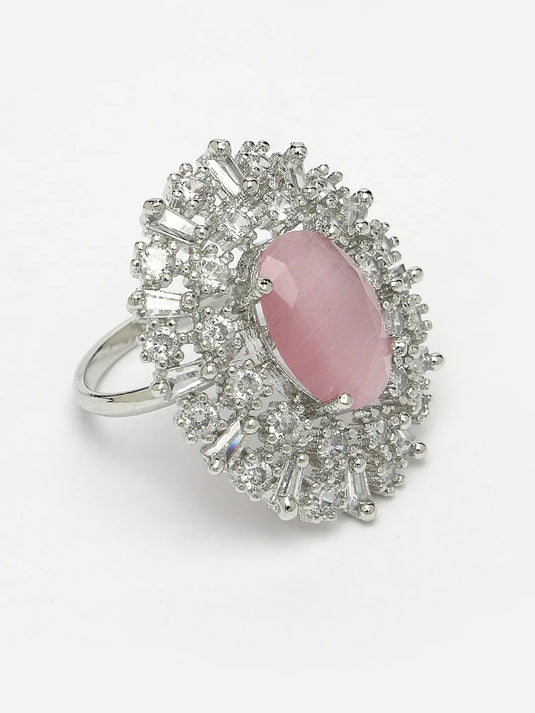 Pink &amp; Silver CZ-Studded Handcrafted Adjustable Finger Ring