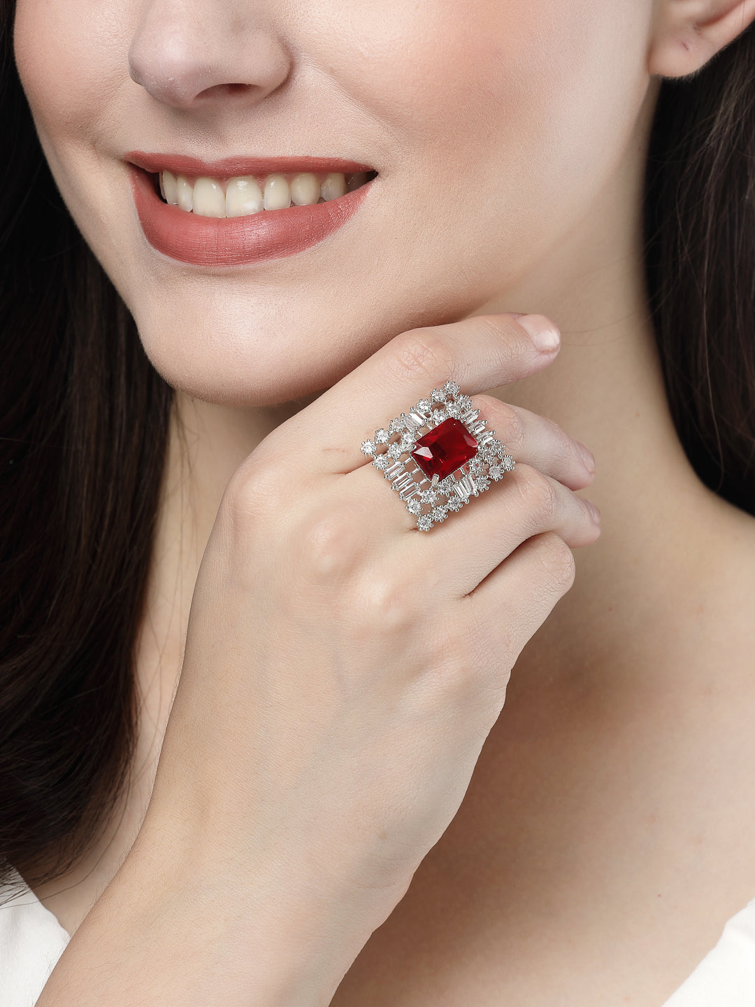 Red &amp; Silver CZ-Studded  Square-Shaped Adjustable Finger Ring