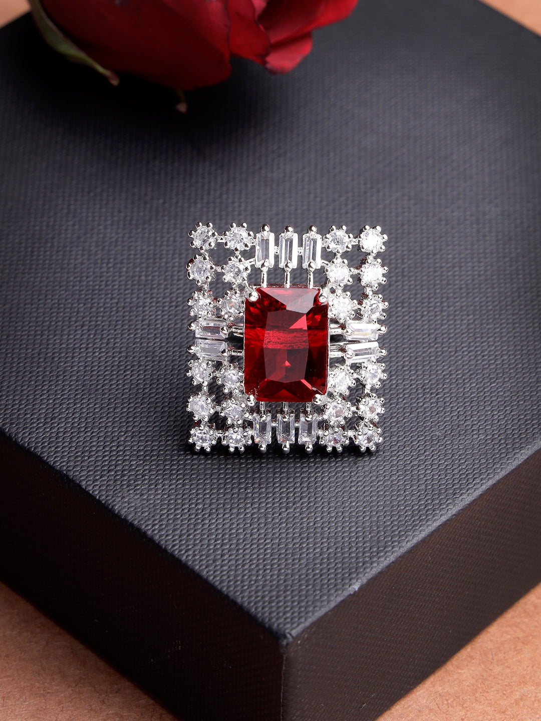 Red &amp; Silver CZ-Studded  Square-Shaped Adjustable Finger Ring