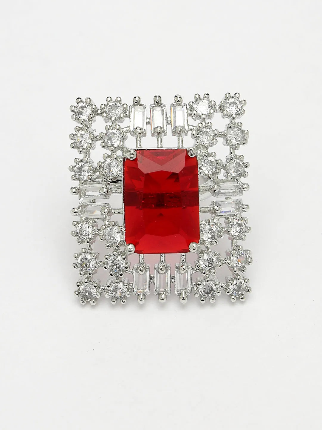 Red &amp; Silver CZ-Studded  Square-Shaped Adjustable Finger Ring