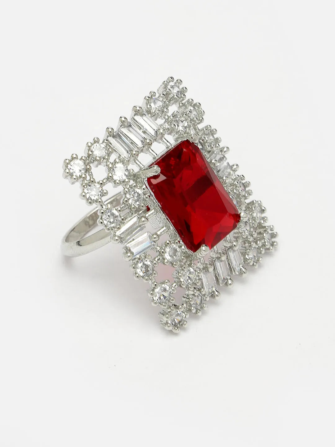 Red &amp; Silver CZ-Studded  Square-Shaped Adjustable Finger Ring