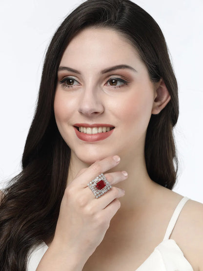 Red &amp; Silver CZ-Studded  Square-Shaped Adjustable Finger Ring