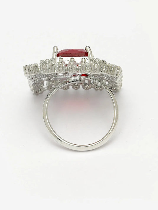 Red &amp; Silver CZ-Studded  Square-Shaped Adjustable Finger Ring