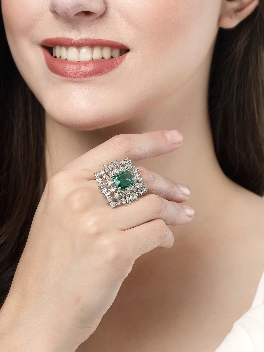 Green &amp; Silver CZ-Studded  Square-Shaped Adjustable Finger Ring