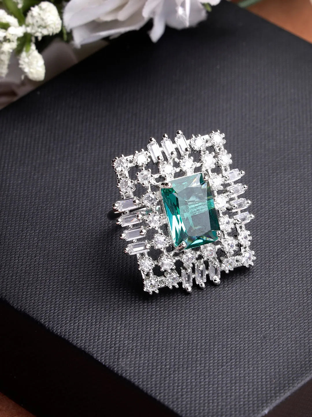 Green &amp; Silver CZ-Studded  Square-Shaped Adjustable Finger Ring