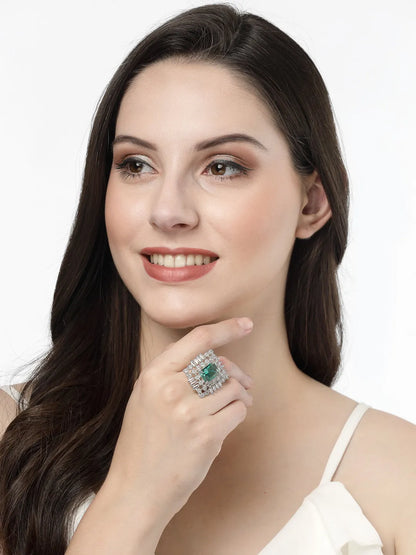 Green &amp; Silver CZ-Studded  Square-Shaped Adjustable Finger Ring