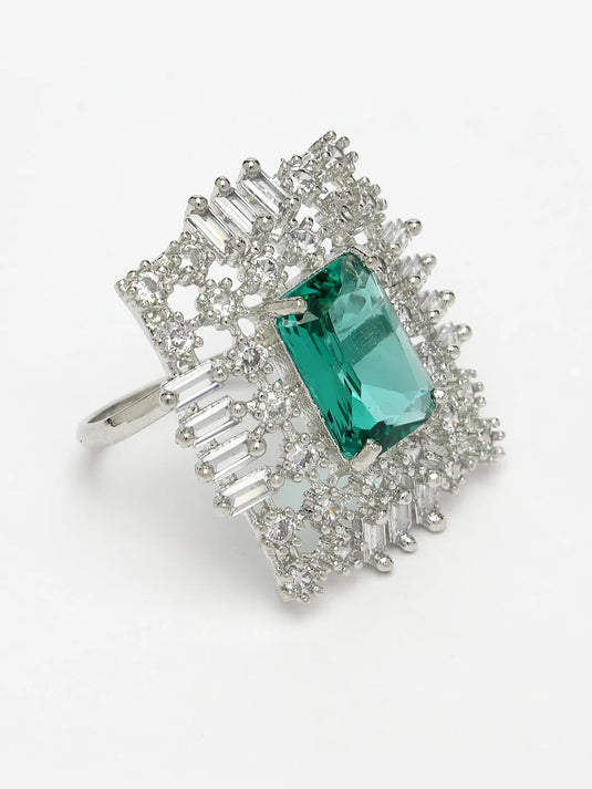 Green &amp; Silver CZ-Studded  Square-Shaped Adjustable Finger Ring