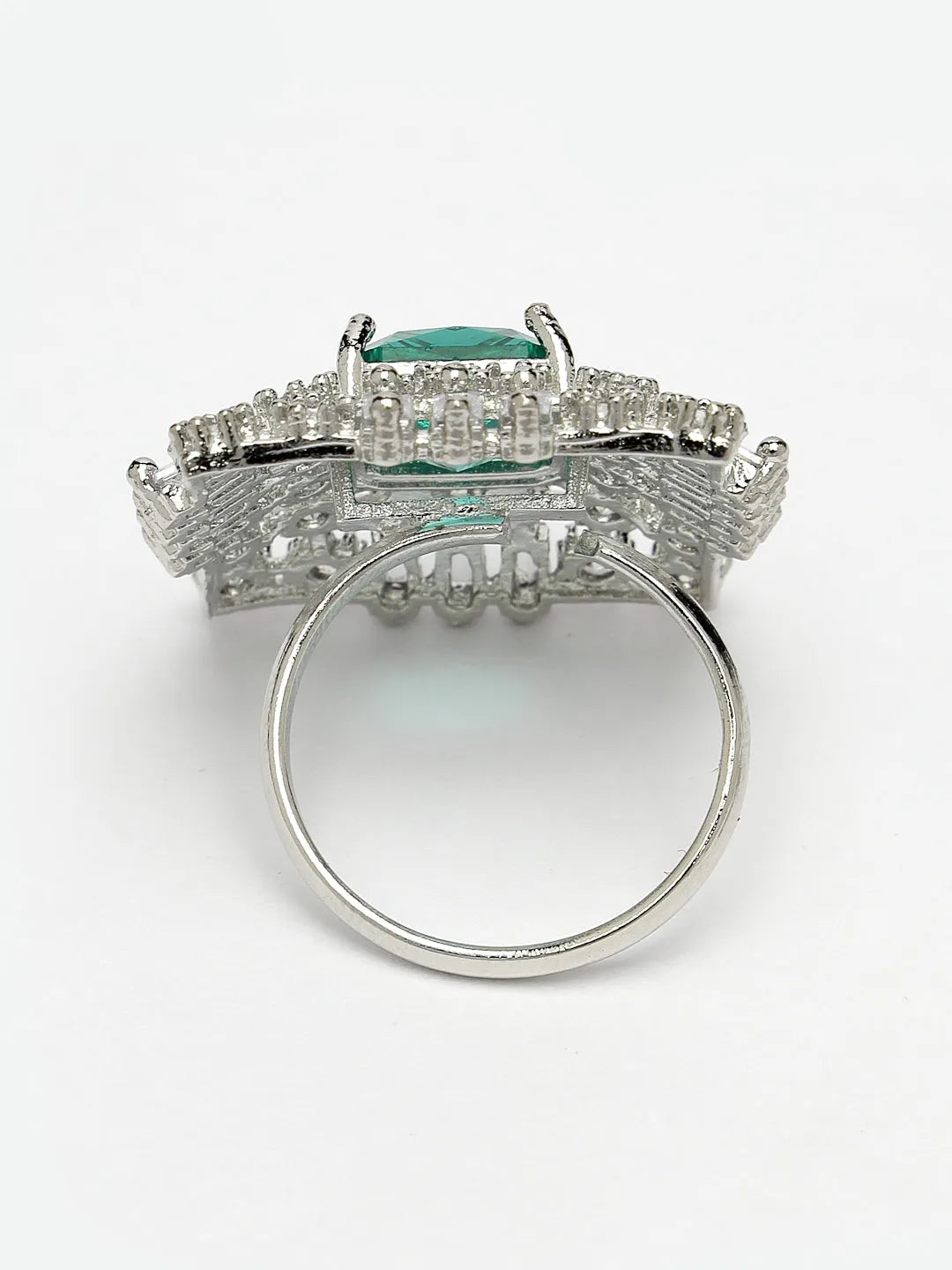 Green &amp; Silver CZ-Studded  Square-Shaped Adjustable Finger Ring