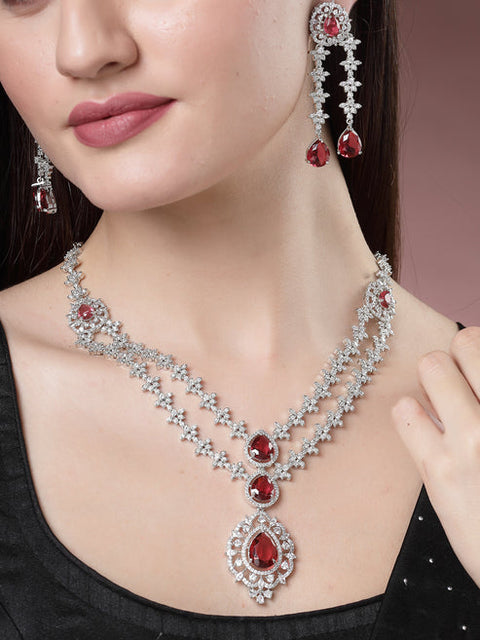 Women Silver-Plated Red CZ-Studded Handcrafted Jewellery Set